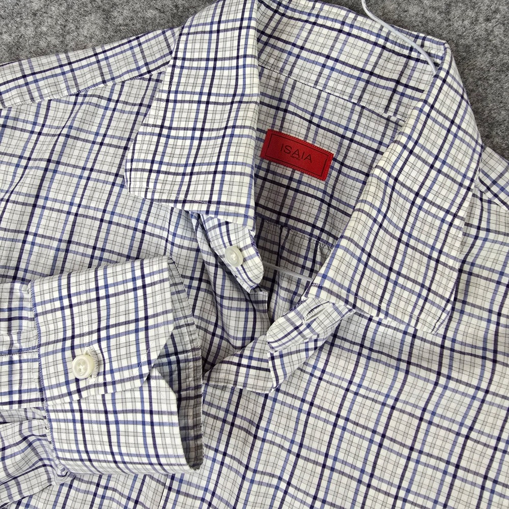 Isaia Napoli Dress Shirt 16.5 42 Large L Blue White Check Plaid Made In Italy